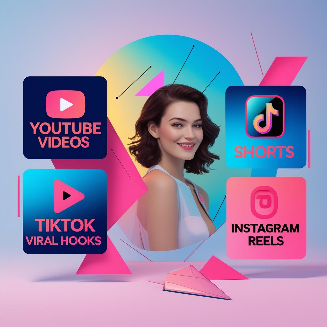 Create a thumbnail in Canva AI that prominently displays four separate text blocks—“YouTube Videos”, “Shorts”, “TikTok Viral Hooks”, & _Instagram Reels”—each styled with bold, modern sans-serif typography and an appealing hot .jpg__PID:5634741f-8bcf-4eac-b229-c5da9872994d